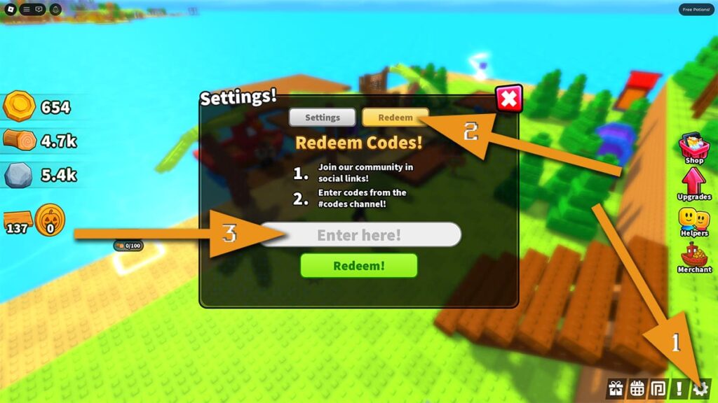 Screenshot image showing the Settings window in Build an Island on Roblox, with orange arrows pointing at the Settings button, the Redeem tab, and the code input text box.