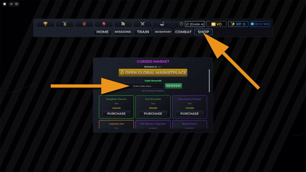 Image of the Shop window in Jujutsu Kaisen Incremental, with orange arrows pointing at the Shop button and the code input text box.