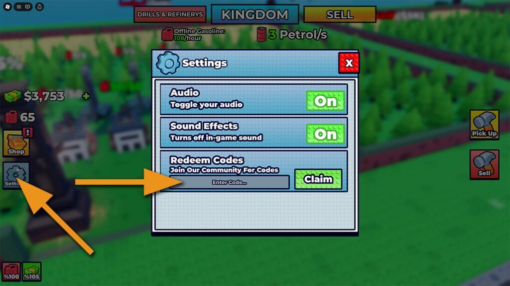 Screenshot image showing the Settings window in Oil Empire on Roblox, with orange arrows pointing at the Settings button and the code input text box.