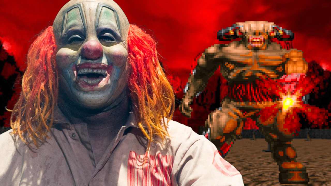 Slipknot musician Clown standing in front of a DOOM cyberdemon