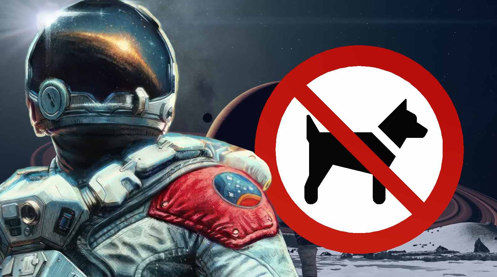 Starfield character standing next to a no dogs allowed sign