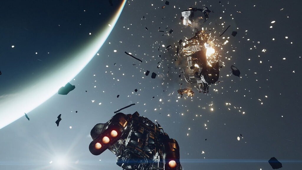 Image showing a space ship from Starfield after a space dogfight against another space ship.