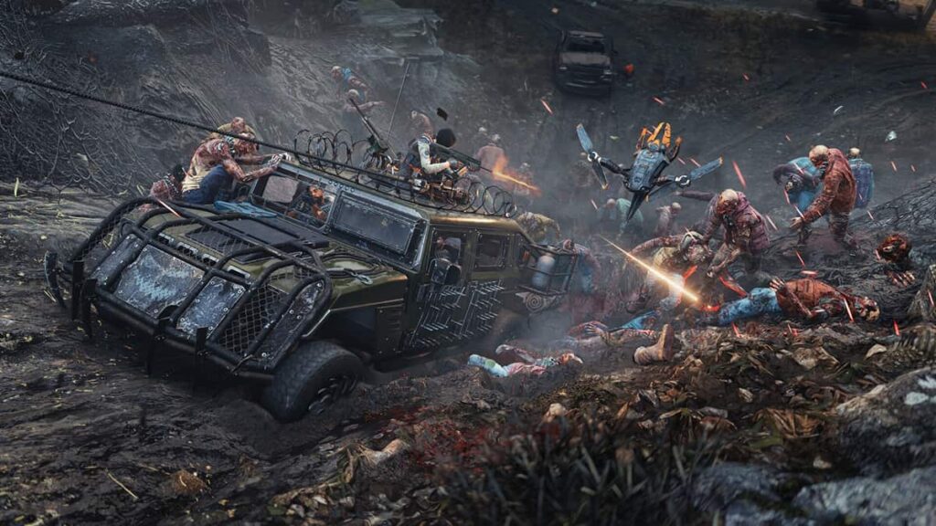 Screenshot image from the game John Carpenter's Toxic Commando, showing an armored vehicle plowing through a horde of zombies.