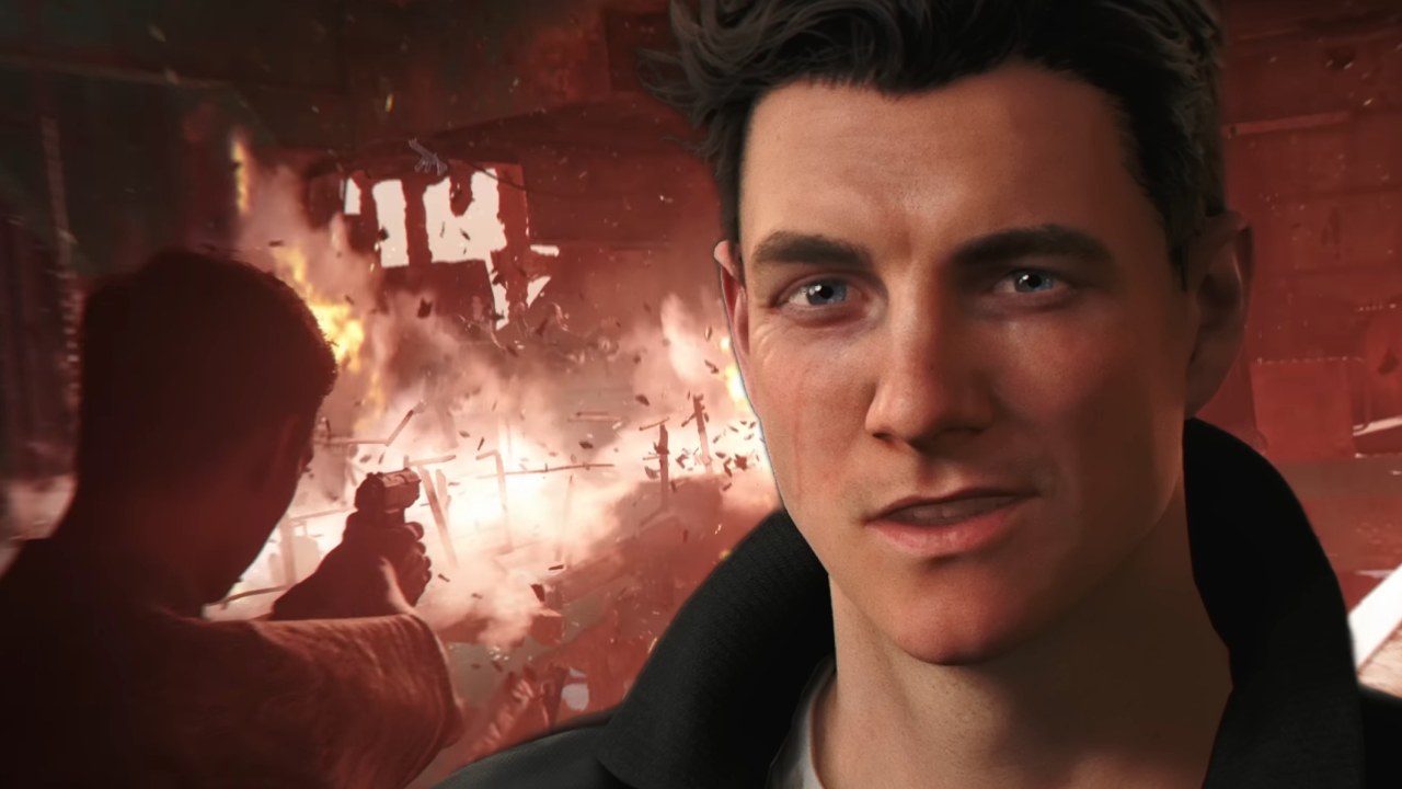 007 first light james bond standing in front of a big explosion