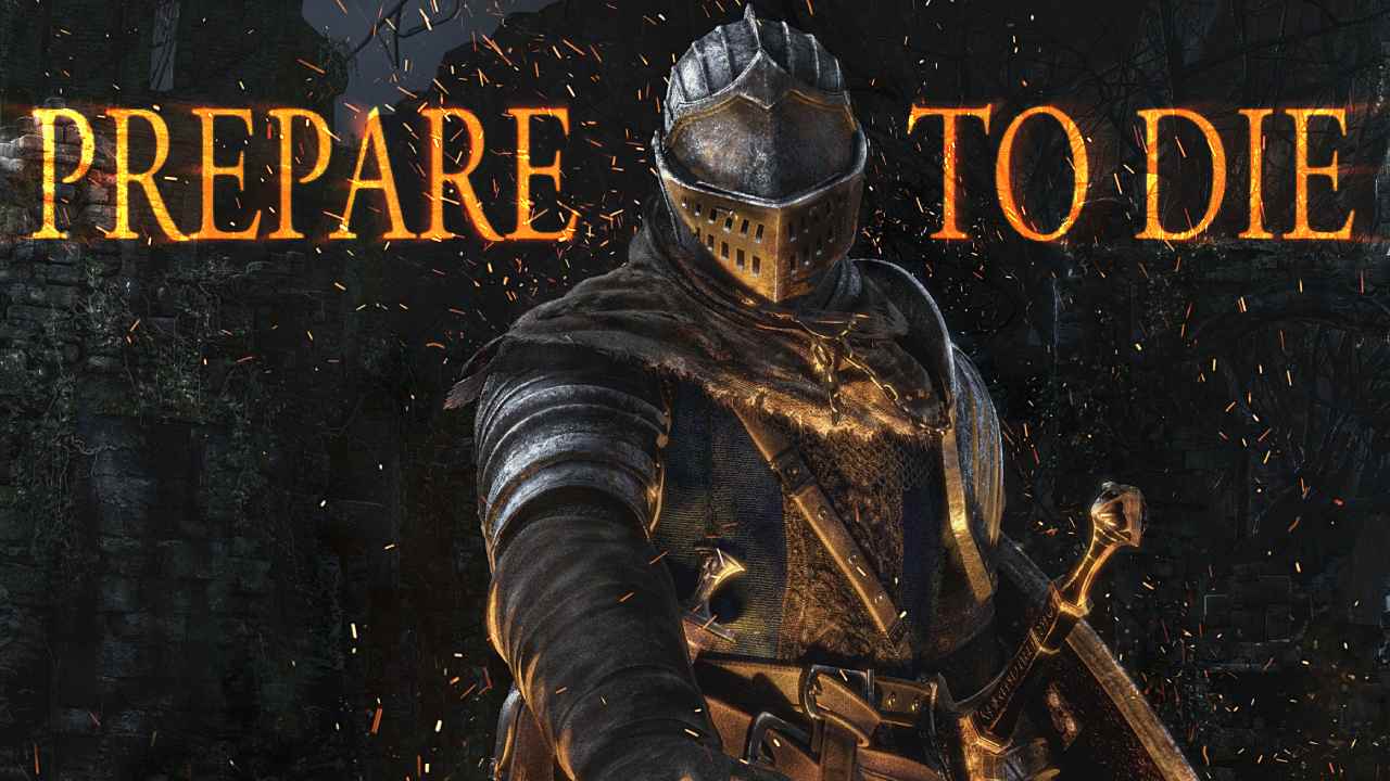 Dark Souls 1 warrior standing in front of the prepare to die logo