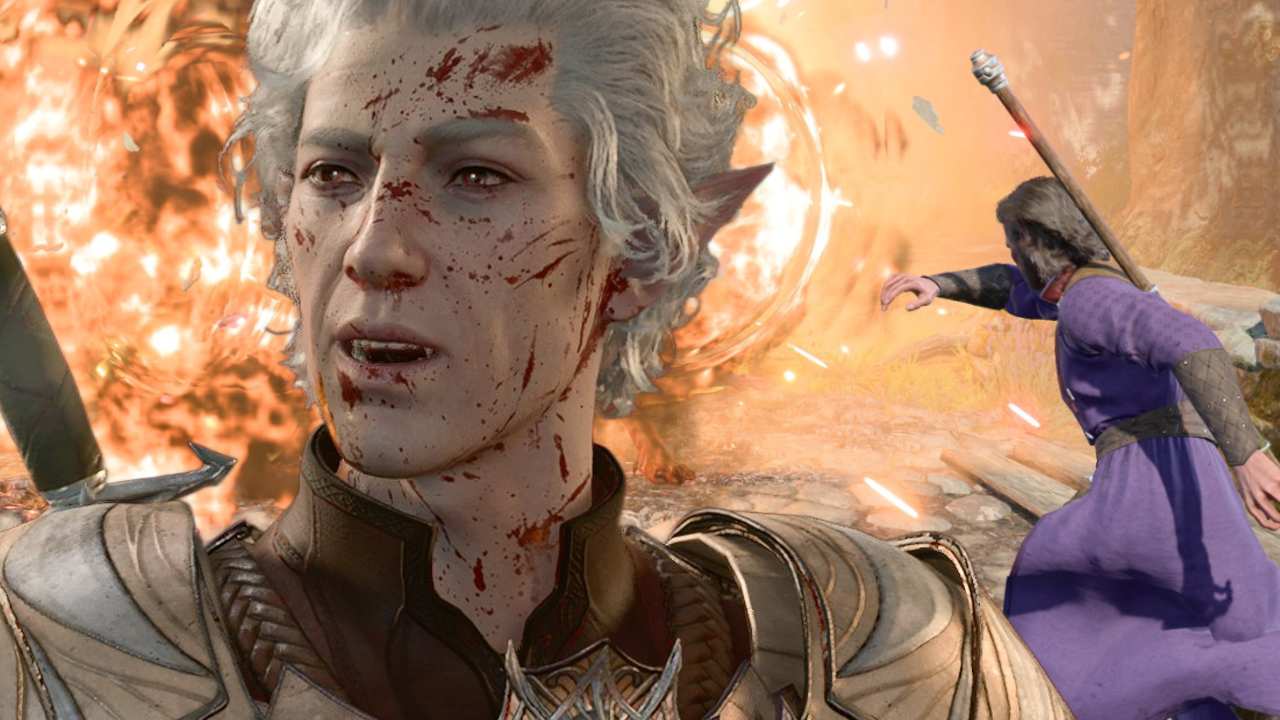 Baldur's Gate 3 Astarion standing in front of Gale casting a huge fireball