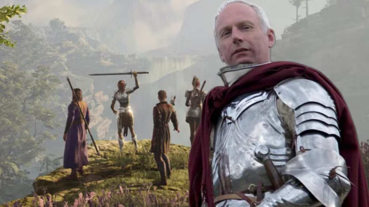 Larian Studios CEO Swen Vincke in front of Baldur's Gate 3
