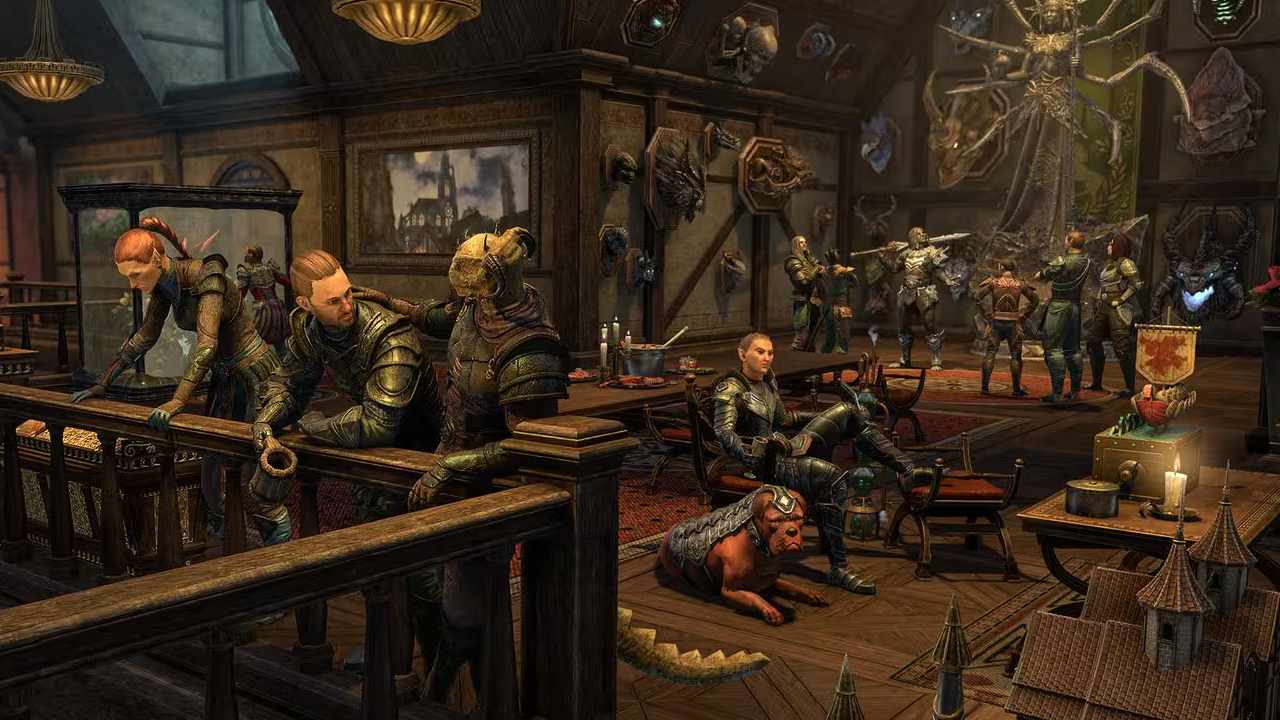 Elder Scrolls Online image showing players hanging out in a big player housing scene