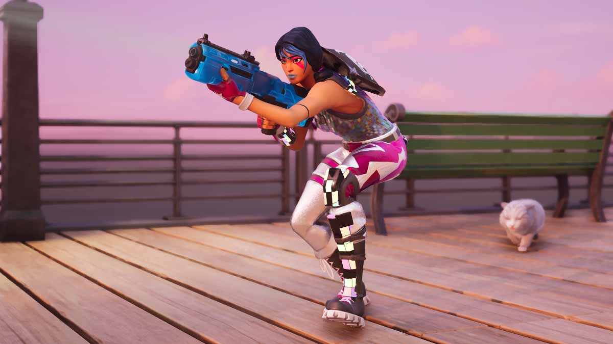Sparkle Specialist using a shotgun in Fortnite with a cat Sidekick