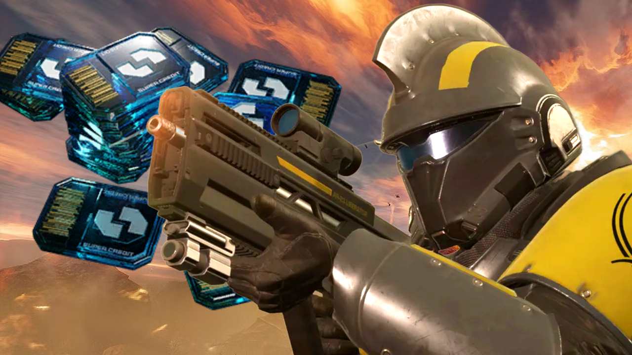 helldivers 2 soldier aiming next to super credits