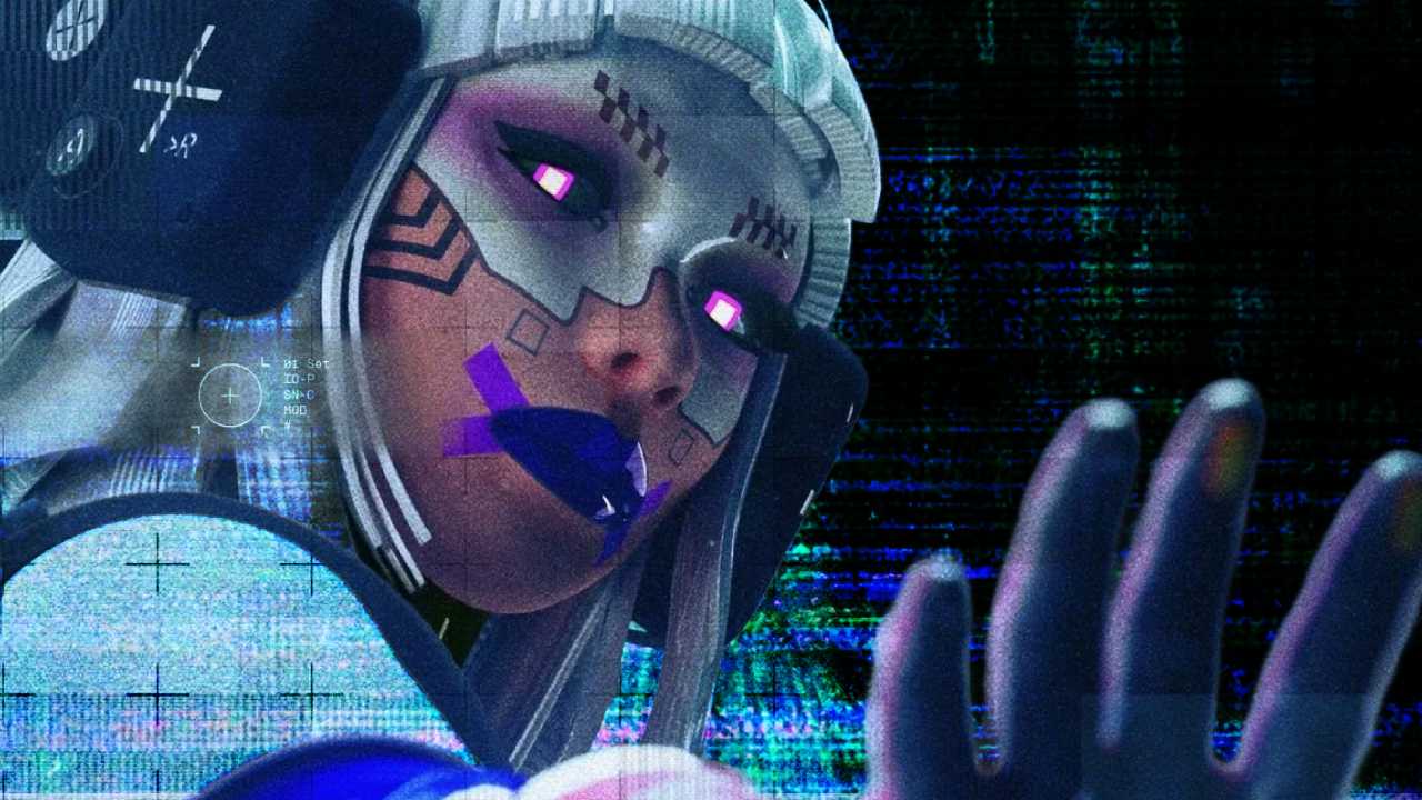 Marathon Vandal posing in front of a glitched background