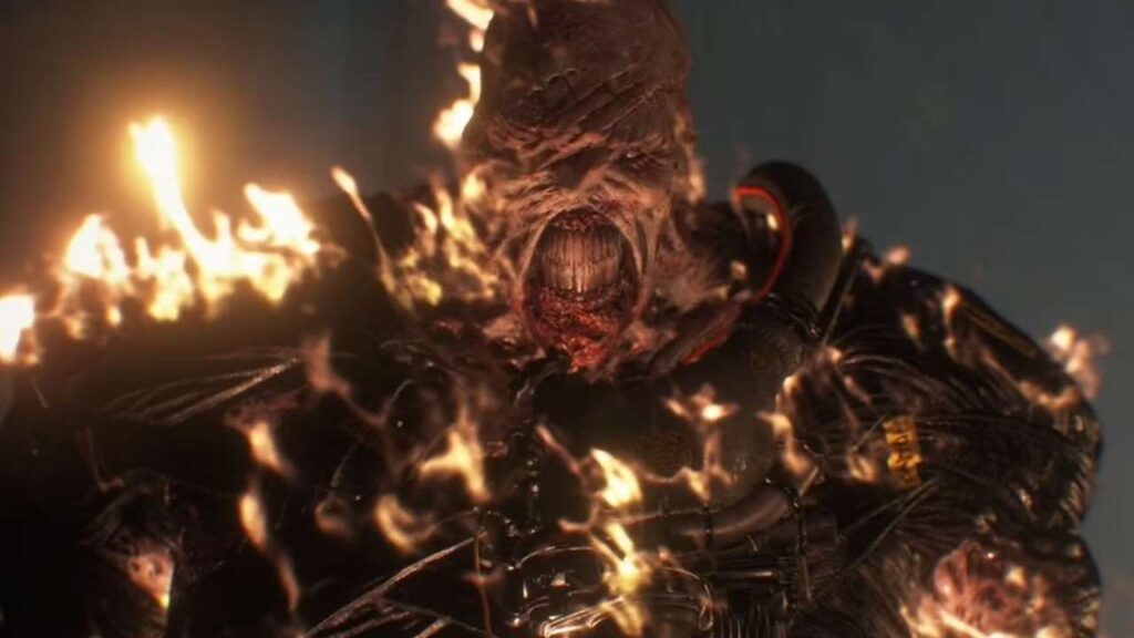 Resident Evil 3 Remake Nemesis on fire.