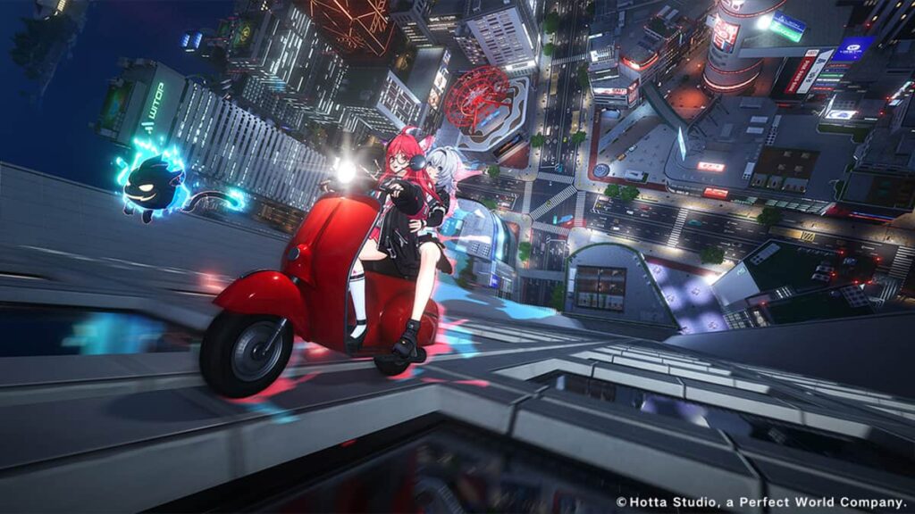 Promo image from the game Neverness to Everness showing a character and anomaly riding a scooter bike in a sci-fi city.
