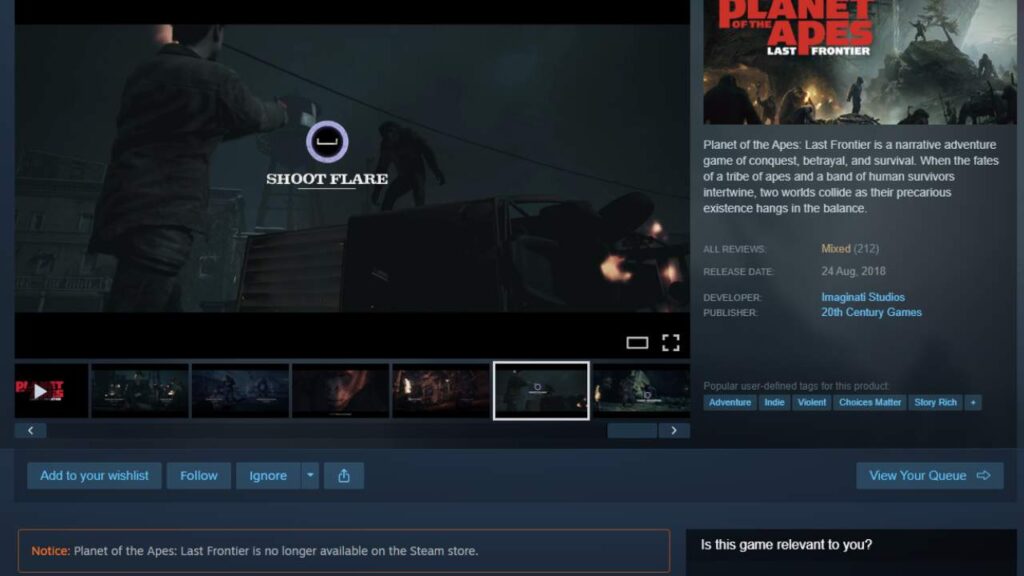 a steam store page for planet of the apes: last frontier 