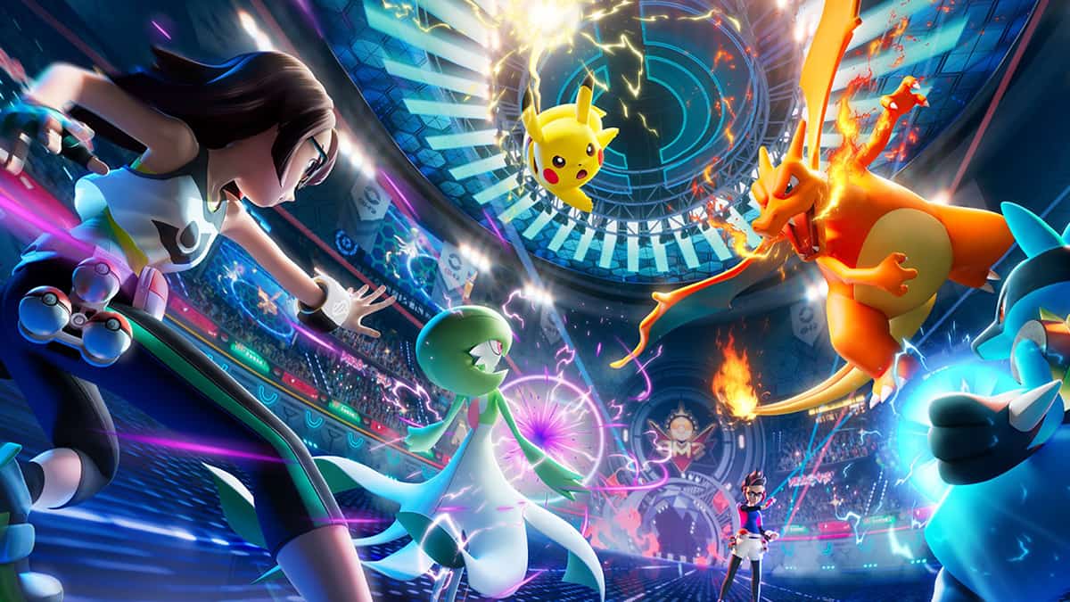 Promo image for Pokémon Champions by Nintendo, which features a roster of Pokémon, their evolutions, types, and forms.