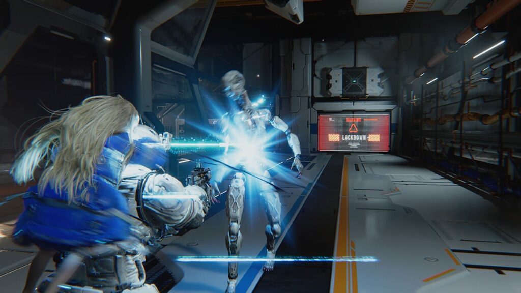 Screenshot image showing the combat gameplay in the game Pragmata.