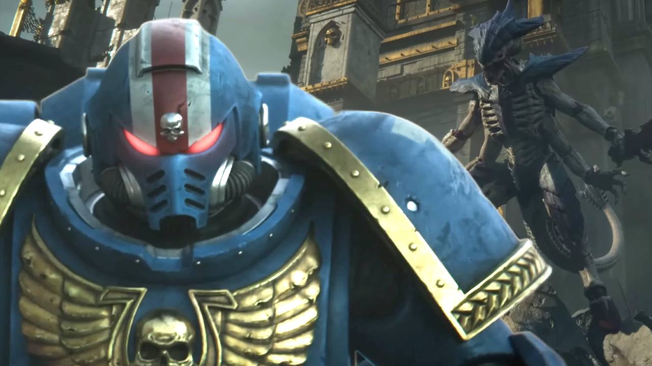 Warhammer 40,000 Space Marine 2 ultramarine in front of a Tyranid