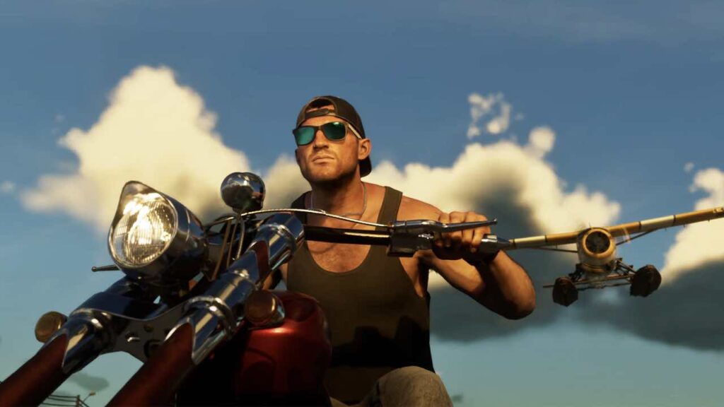 GTA 6 gameplay showing Jason on a motorbike