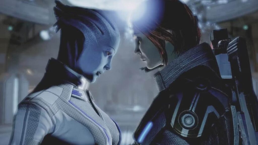 Mass Effect Legendary Edition screenshot showing Liara and FemShep romance 