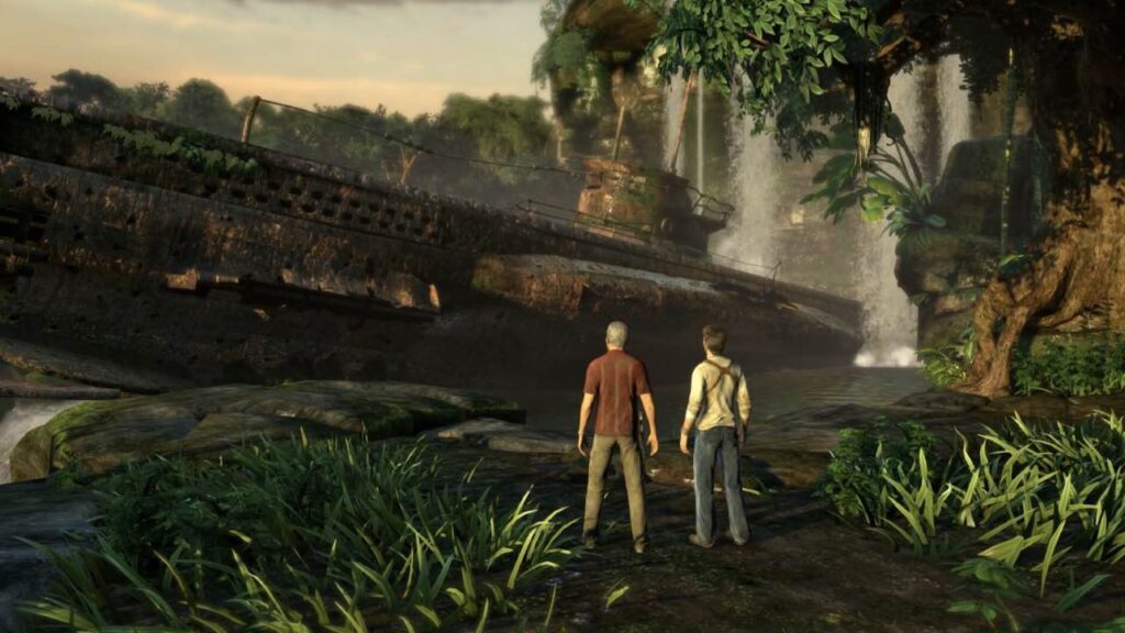 Uncharted Drake's Fortune screenshot showing Drake and Sully in front of a WW2 Nazi submarine 