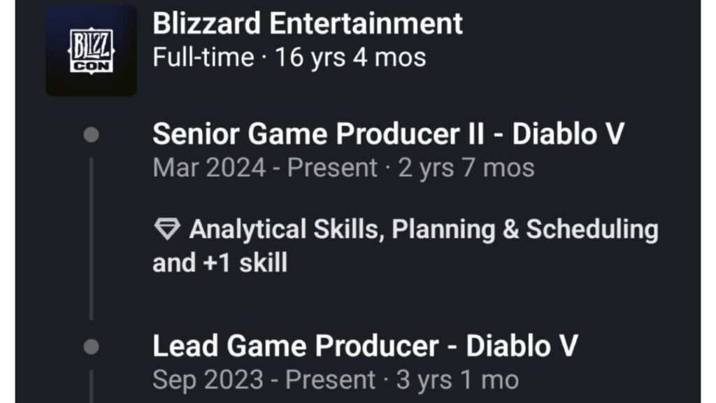 diablo 5 employee LinkedIn profile showing the game started development in 2025
