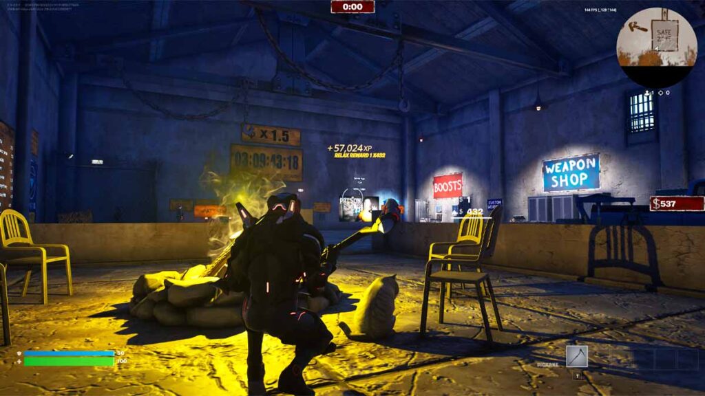 Fortnite character earning XP from a campfire on the Creative map