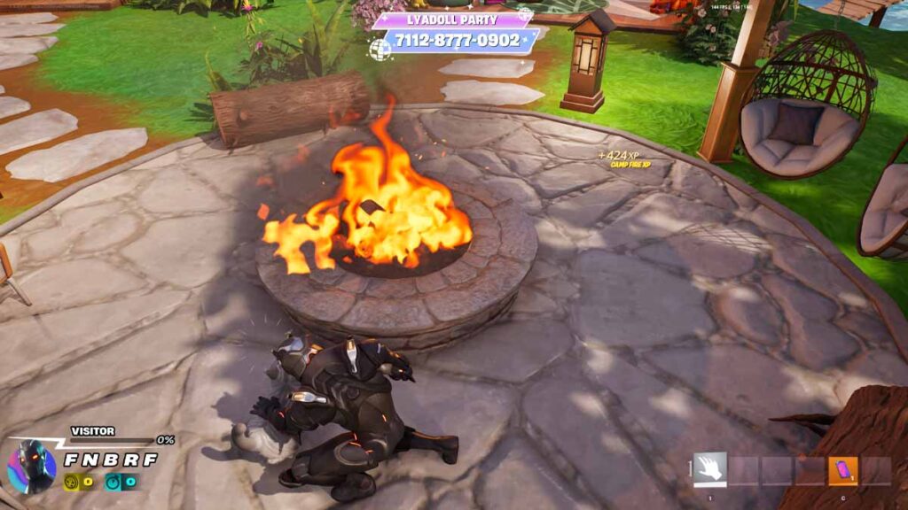 Fortnite character earning XP next to the campfire while petting a cat