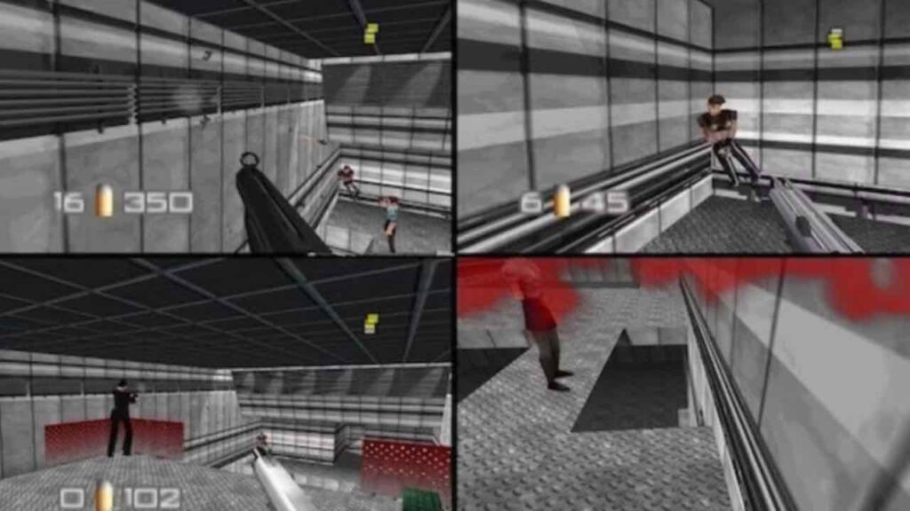 Four-player split-screen gameplay of Goldeneye 007