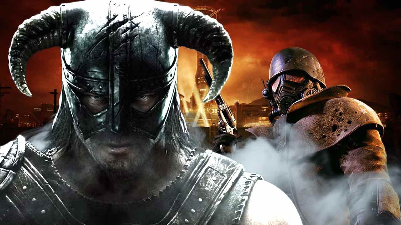 The Elder scrolls v skyrim Dragonborn standing in front of Fallout New Vegas NCR soldier