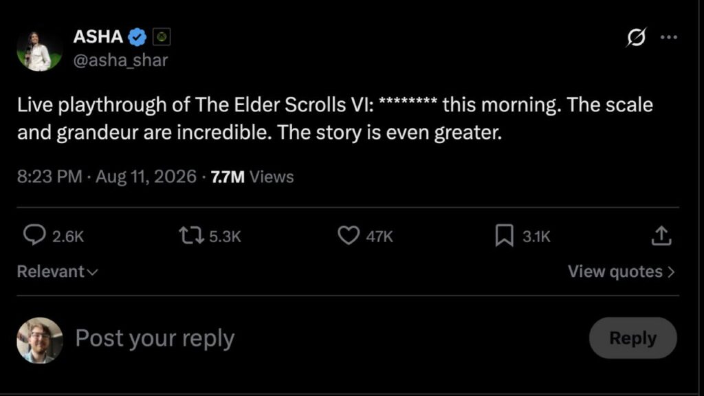 Xbox CEO Asha Sharma discussing Elder Scrolls on Twitter 