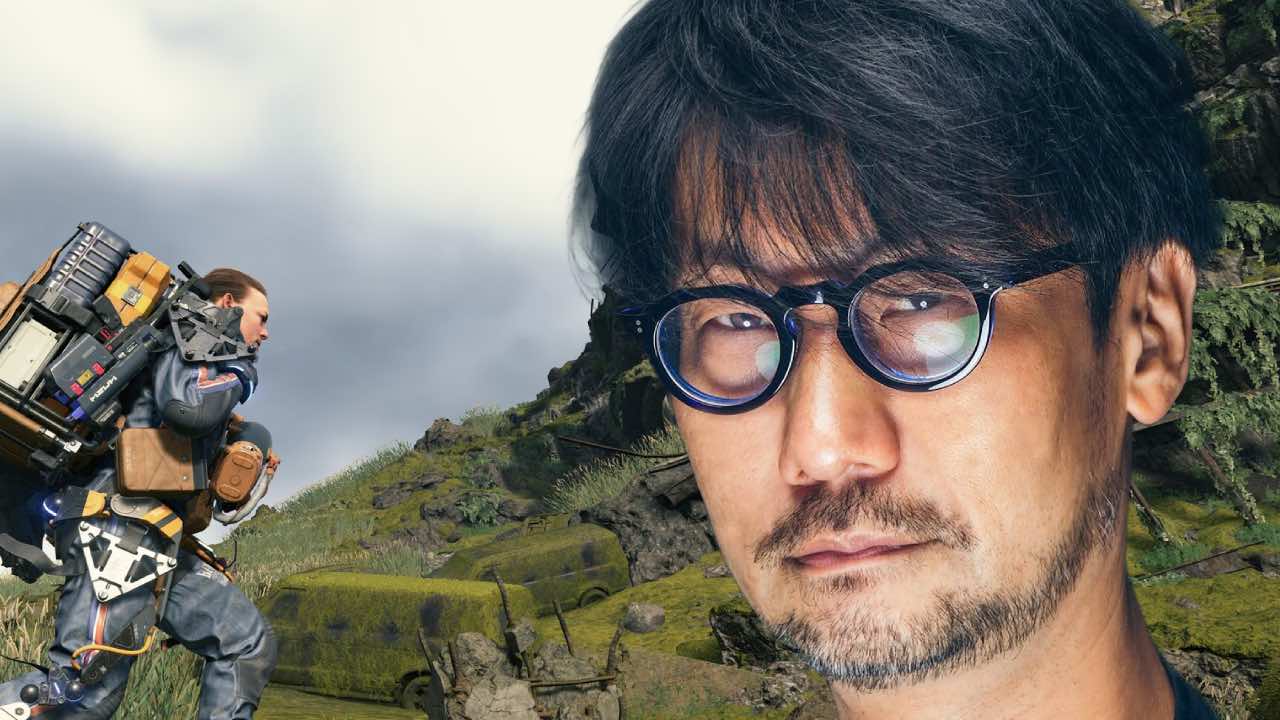 metal gear solid creator Hideo kojima standing next to death stranding gameplay