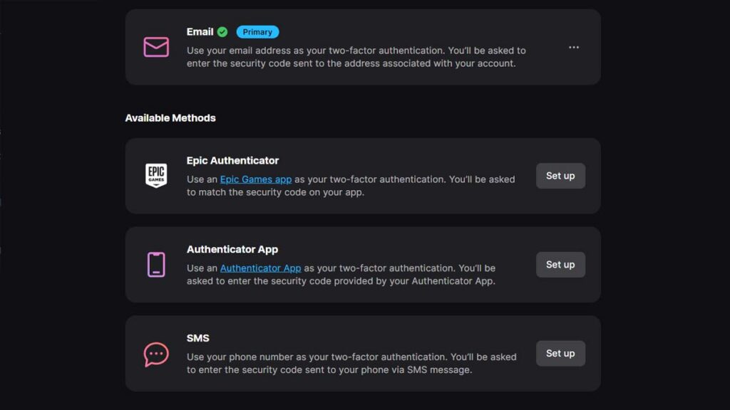 2FA methods in Fortnite