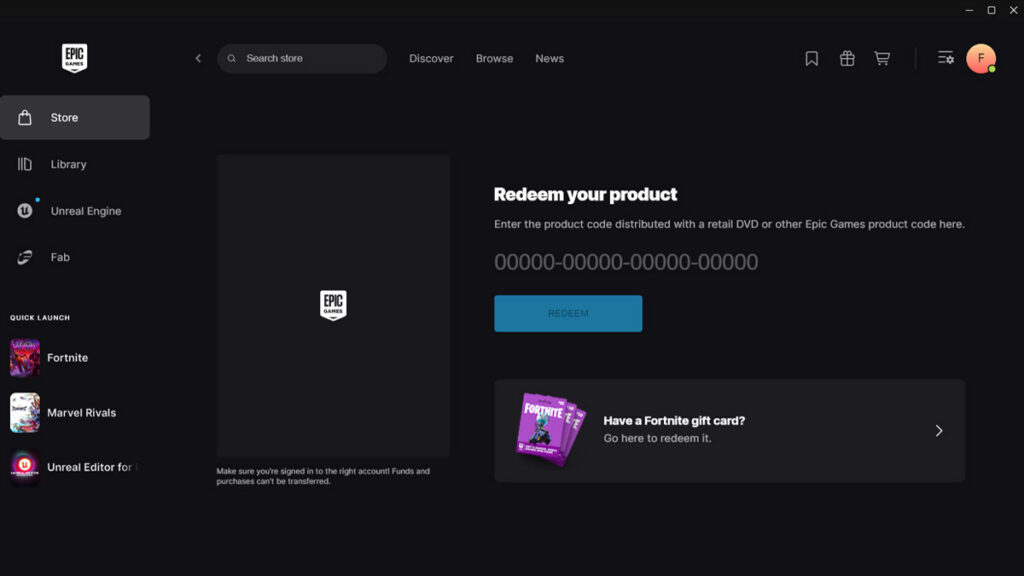 Fortnite code redeem on Epic Games launcher