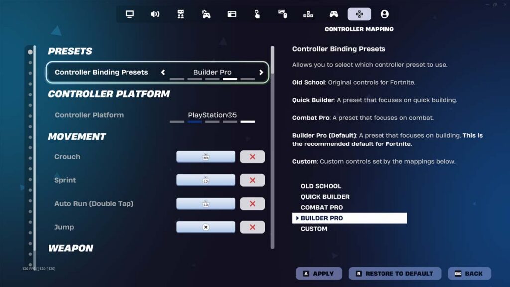 Builder Pro setting in Fortnite