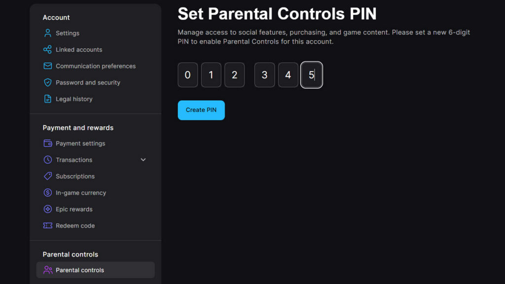 Setting up parental controls pin in Fortnite