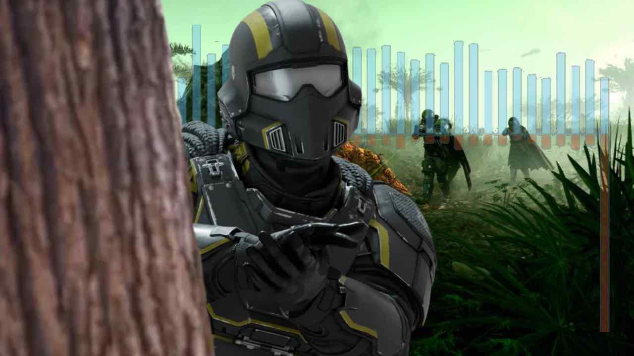 Helldivers 2 soldier standing behind a tree in front of negative reviews