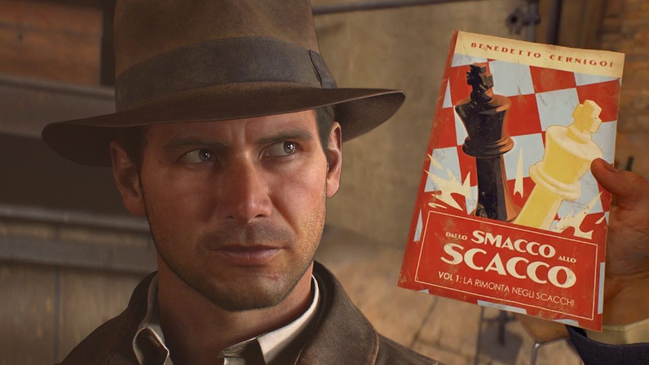 Indiana Jones and The Great Circle - Indy standing next to Lucky Hat skill book unlock