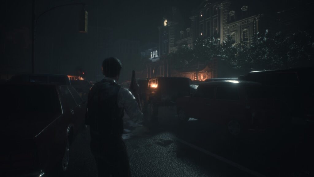 Nintendo Switch 2 gameplay of Resident Evil 2 - Leon walking up to RPD