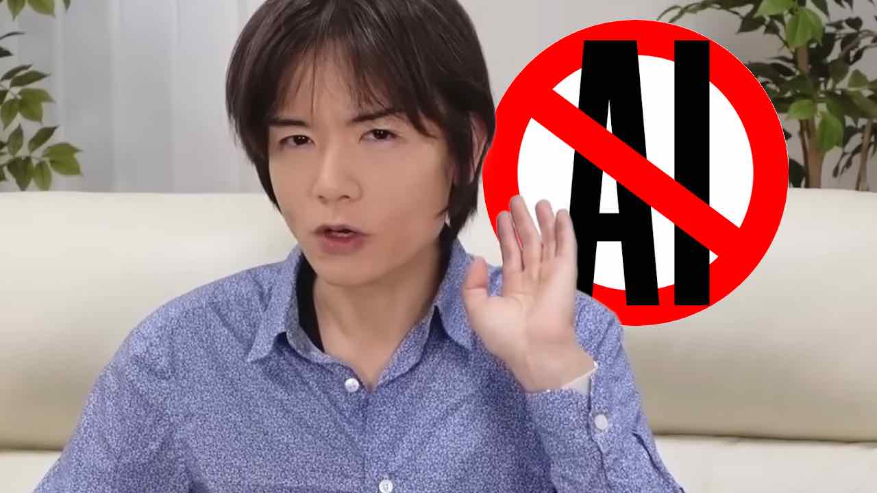 smash bros creator Masahiro Sakurai next to no ai logo