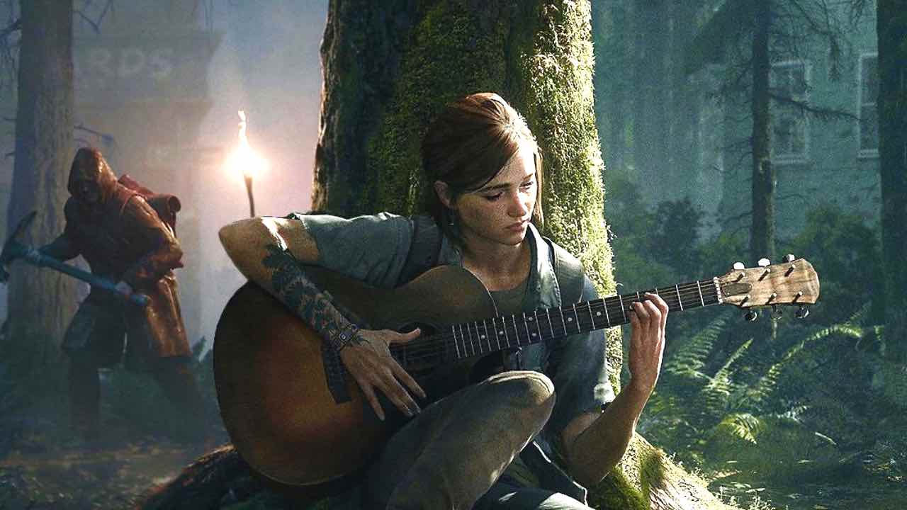 The Last of Us Part 2 Ellie playing guitar against a tree