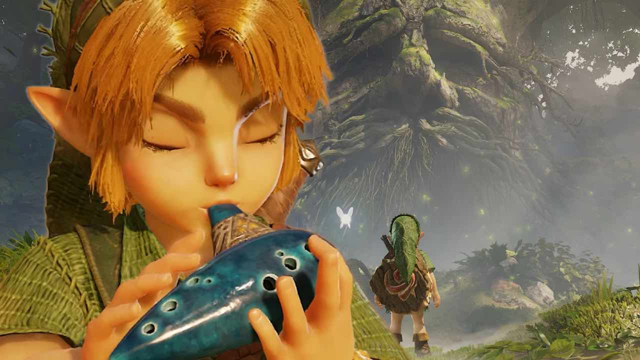 The Legend of Zelda: Ocarina of Time Remake link blowing on an ocarina next tot he great deku tree