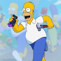 Homer Simpson carrying a remote control and a nail hammer in Fortnite